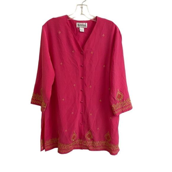 Diane Von Furstenberg Silk Assets Hot Pink Silk Tunic Gold Embroidery Beading M - Picture 1 of 6